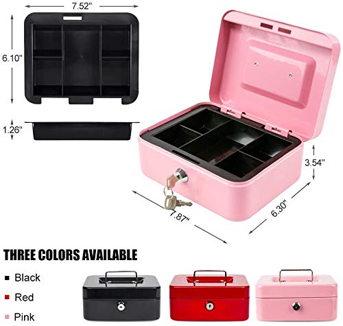 xydled Locking Steel Medium Cash Box with Removable Coin Tray and Key Lock,7.87"x 6.30"x 3.54",Pink Pink