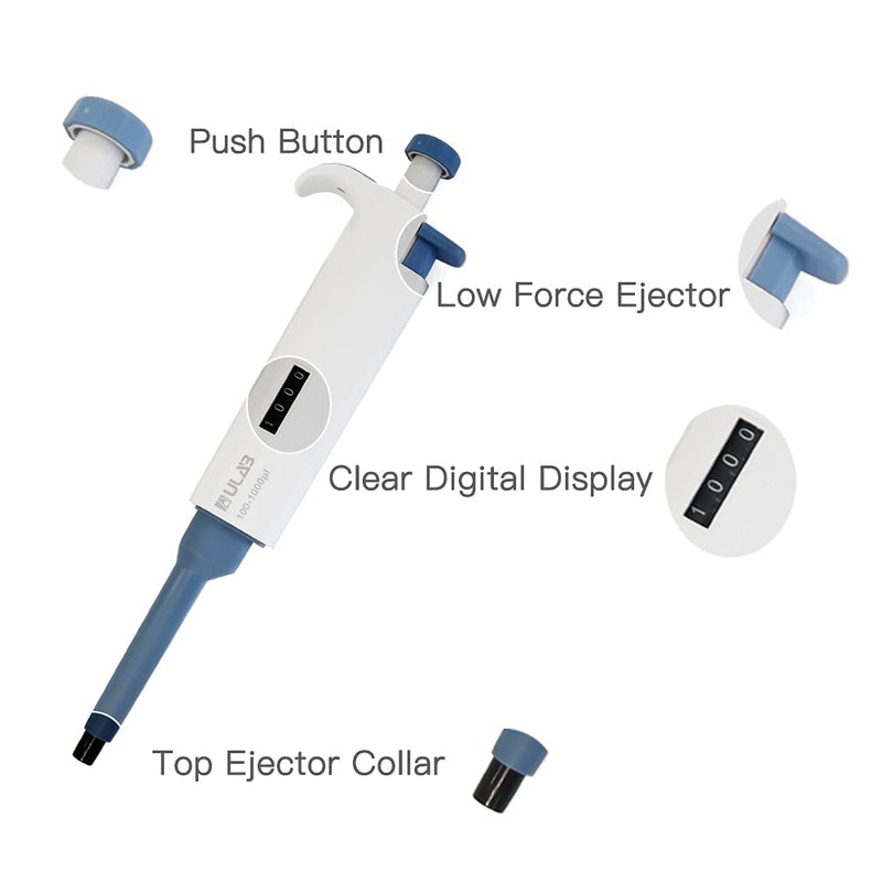 ULAB Single Channel Pipettor with Pipette Tips Offered, 1pc of Adjustable Volume Micro Pipette with Vol.Range.100-1000μl, 500pcs of Vol.1000μl Pipette Tips in Blue Color, ULH1021 100-1000μl & 500 Tips