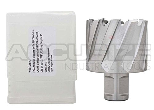 Accusize Industrial Tools Hss Annular Cutter 1-7/8'' by 1'' Cutting Depth in Strong Box with 1 Pc Pilot Pin 1/4'' by 3'', 2080-2035pin | CBN Ground HSS Cutter With 3/4 in Weldon Shank and 1/4 in x 3 in Pilot Pin for Steel, ANSI Standard
