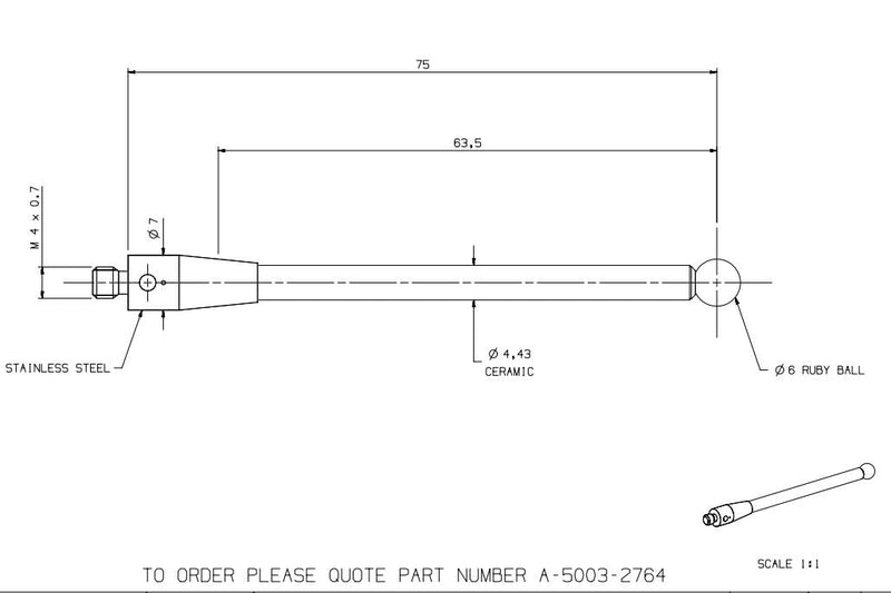 Cmm Touch Probe Stylus, Ruby Ball Stylus for CNC Probe Renishaw OMP40-2 OMP60 A-5003-2764 M4 Length 75mm D6mm Ceramic Stem