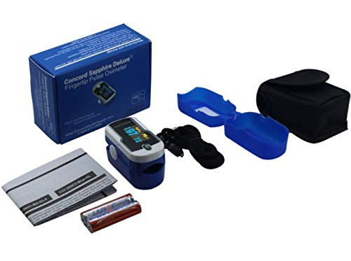 Concord Fingertip Deluxe OLED Pulse Oximeter with 6 way Reversible Display - Blood Oxygen Saturation Monitor with Carrying Case, Batteries and Lanyard - Easy to Use, Accurate SpO2 (Sapphire Blue)