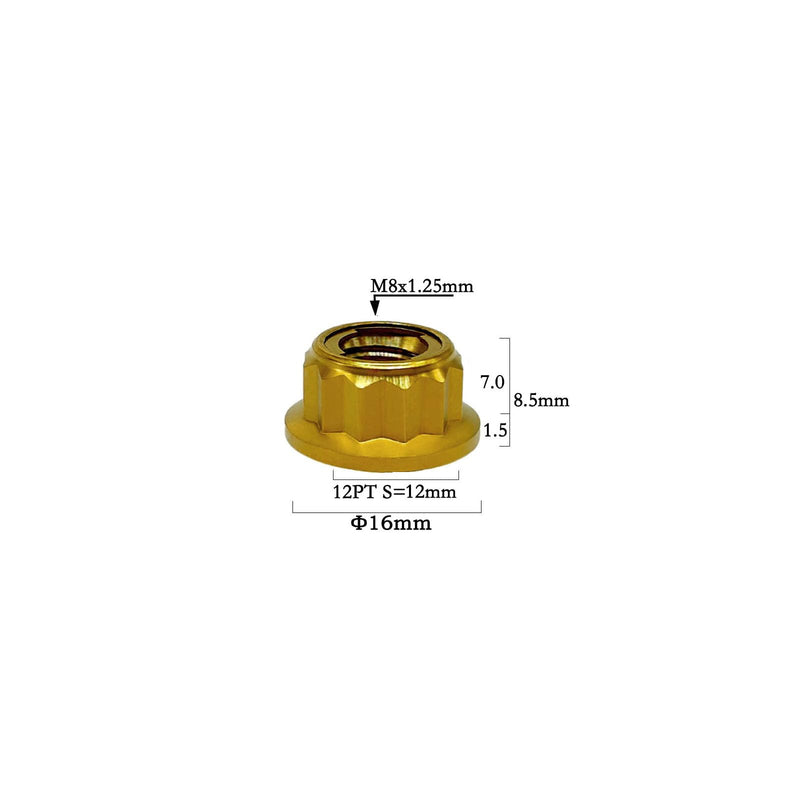RISON Titanium Bi-Hex Sprocket Nut 12PT Flange Lock nut Titanium Metal Lock nut Pack of 5 (M8x1.25mm,Gold) M8x1.25mm Gold