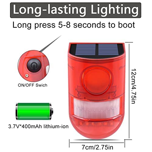 2 Solar with Sound Strobe Light, Wall Mounted Outdoor Motion Red Sensor Alarm, 4 Modes of Motion Sensor, Alarm 129dB for Home Fence Farm Yard Garage Barn