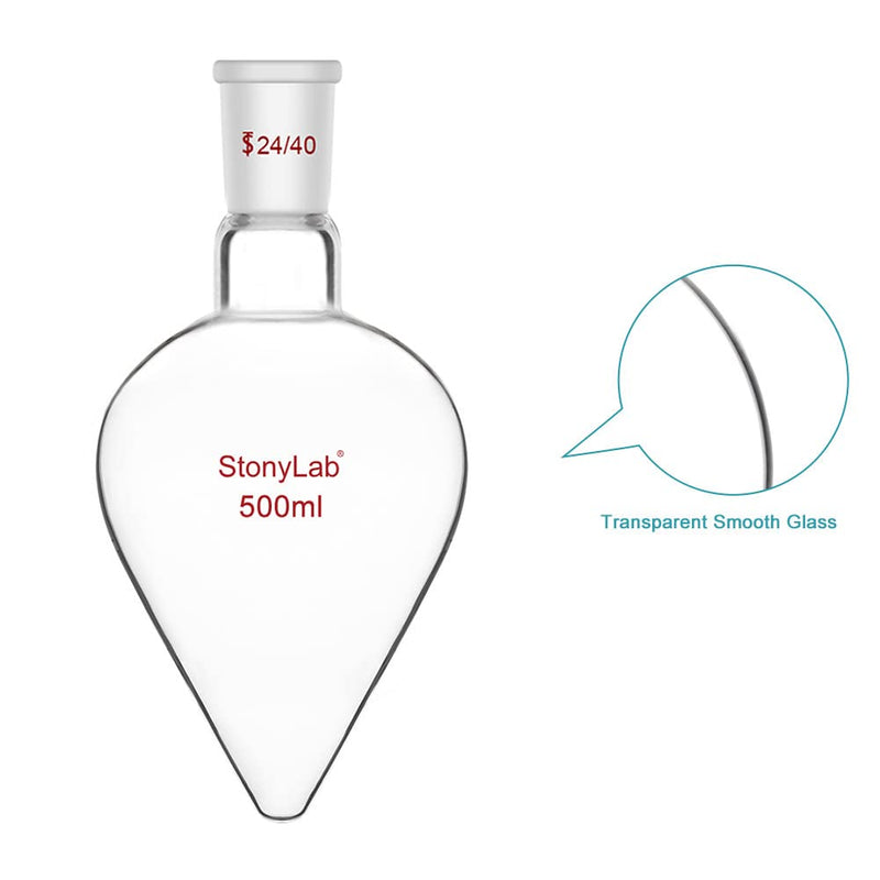 stonylab Recovery Flask Heavy Wall Single Neck Borosilicate Glass with 24/40 Standard Taper Outer Joint Pear Shaped, 500 ml
