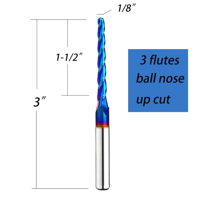 BRB301 Milling Cutters 3 Flutes Ball Nose Solid Carbide Up Cut CNC Spiral Bits NACO Coated 2D 3D Carving Router Bit 1.0Deg with 1/8 Inch Cutting Dia, 1/8" CD X 1-1/2"CL X 1/4" SD X 3" OL 1/8 inch cutting diameter