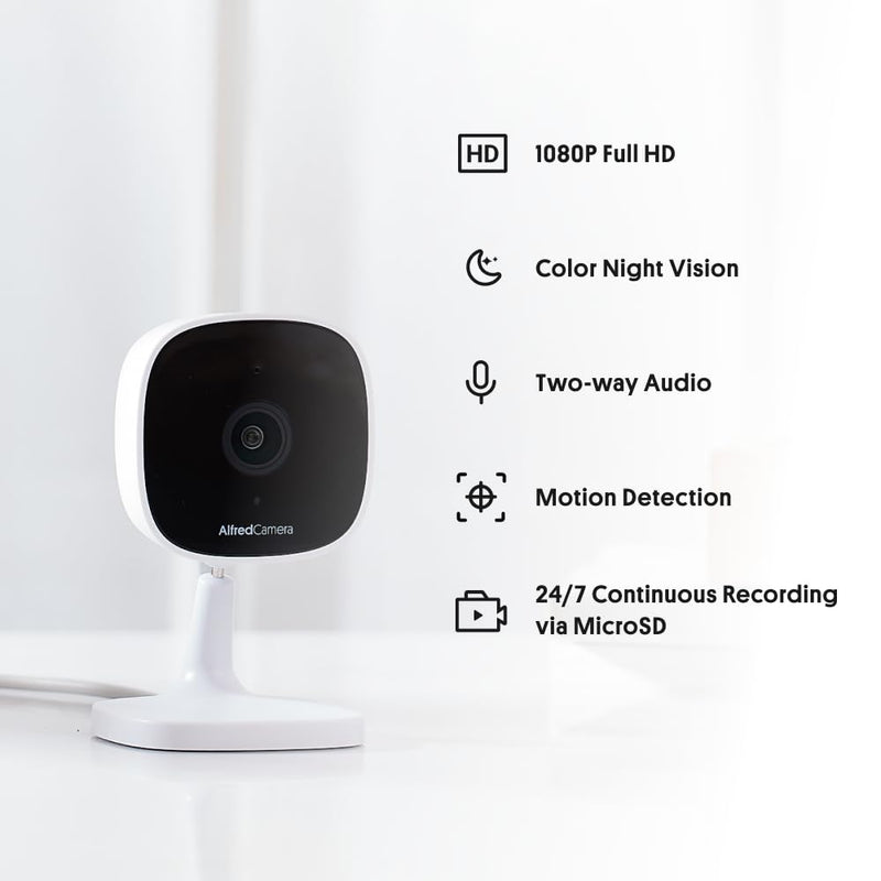 AlfredCam Indoor WiFi Security Camera, FullHD 1080P, 2.4G/WiFi, Continuous Recording, Motion Detection, Night Vision, Baby Monitor/Pet/Nanny Cam, App Powered (90M+ downloads)