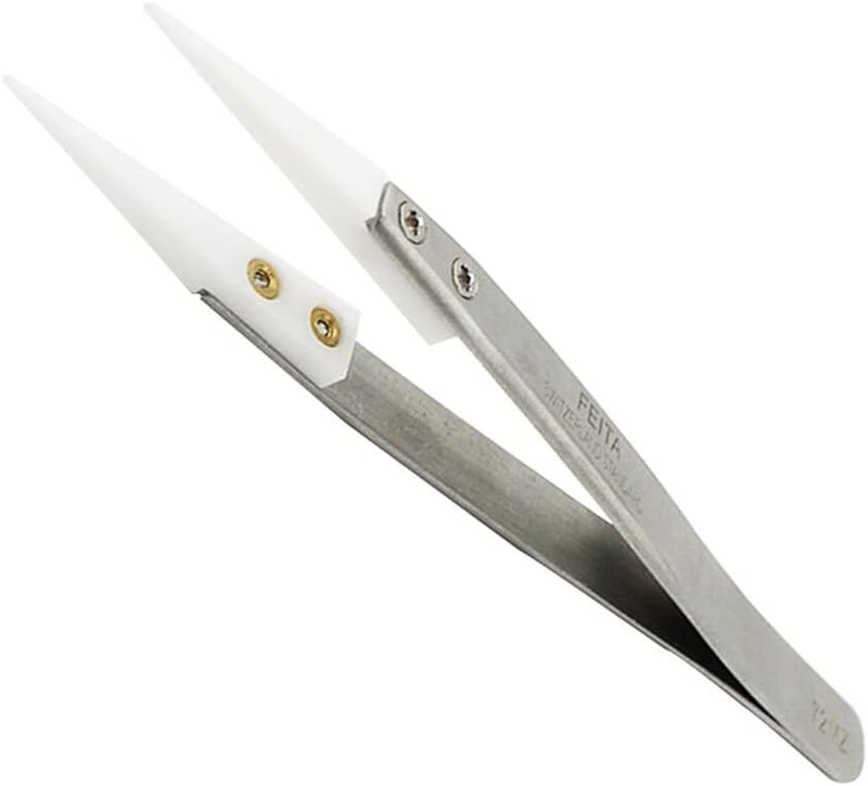 FEITA Precision Pointed Ceramic Tweezers - Temperature Resistant and Anti-Magnetic White Fine Pointy Ceramic Tips Twizzers - For Electronic Repair, DIY Crafting Hobby Tools - 1 Pc White Head