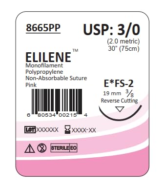ELILENE Suture with Reverse Cutting Needle, 3/8 Circle, 19mm,12 Pack, for Surgical Wound Training, Practice and Educational Use. Polypropylene Non-Absorbable Material 3/0 FF, 30”, FS2, Pink 8665PP