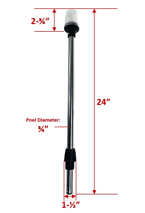 Pactrade Marine Boat LED All Round Anchor Navigation Stainless Steel Pole Light Black Base Clear Lens PA Housing 10-24VDC/2.5W Nature White 2NM Surface Mount IP:65 250 Lumen LM RoHS CE Certified (24") 24"