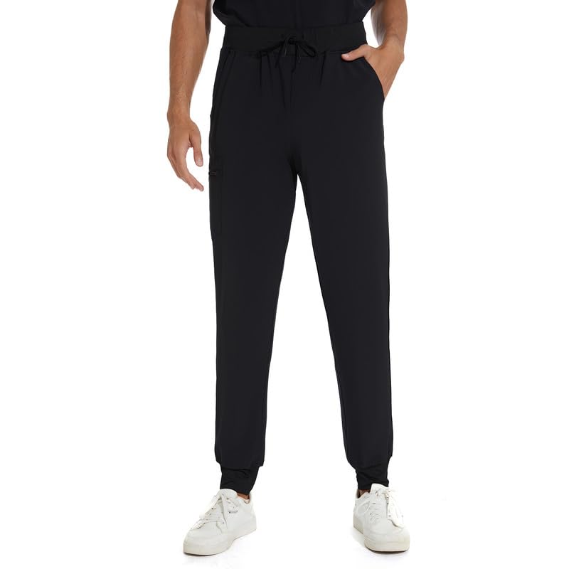COZYFIT Scrub Pants for Men - Slim Jogger Pants with 5 Pockets, Yoga Waistband, Anti-Wrinkle Scrubs for Men Large Black