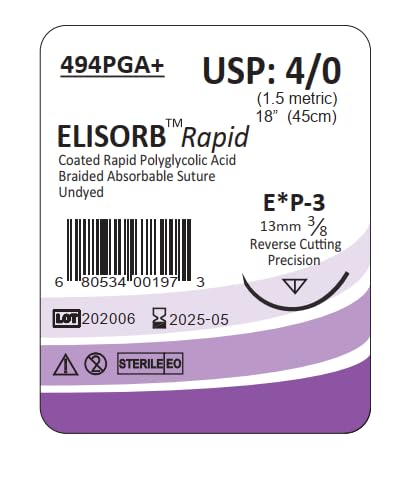 ELISORB Rapid Suture with Precision Reverse Cut Needle, 12 Pack. Sutures for Surgical Wound Training Students, Practice and Educational Use. Multifil Rapid Absorbable PGA 4/0 VQ UN, 18”, P3, 494PGA+
