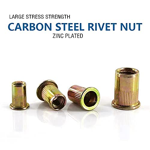 100PCS 1/4"-20 Rivet Nuts, Carbon Steel UNC Rivet Nut Set, Flat Head Threaded Rivets Nut Inserts for Metal(1/4"-20) NUT-1/4"-20
