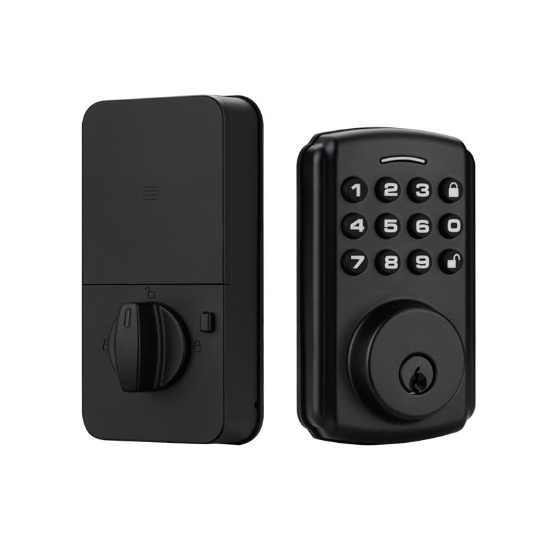 Security Lock Deadbolt, Black Suede Keyed Smart Entry Door Lock with Bluetooth Connected Keypad for Code Entry and Remote Access, DS04-TUYA
