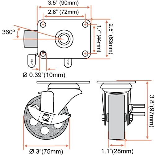 FactorDuty 4 All Black Metal Swivel Plate Caster Wheels w/Brake Lock Heavy Duty High-gauge Steel (3" Combo) 3" Combo