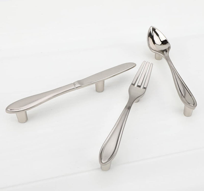 12Pcs Funny Cutlery Tableware Cabinet Pulls,Creative Spoon Fork Knife Shape 3" Hole Center Vintage Kitchen Cupboard Pulls Handles,Cute and Fun (Fork, Silver, 12Pcs)