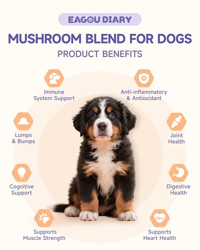 Eagou Diary Mushroom for Dogs - with Turkey Tail Mushroom for Dog, Lion’s Mane, Shiitake - Collagen for Dogs with Glucosamine, MSM - Hip & Joint Support