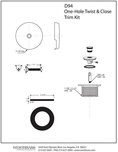 Westbrass Twist & Close Tub Trim Set with One-Hole Overflow Faceplate, Polished Brass, D94-01
