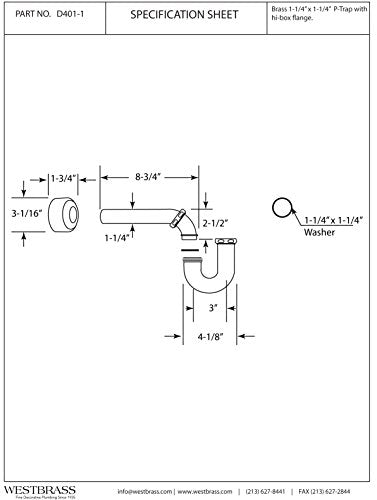 Westbrass D401-1-01 1-1/4" 17 ga P-Trap with High Box Flange, 1-Pack, Polished Brass 1 Pack