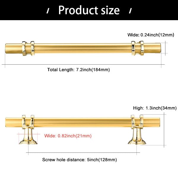 Lpraer 8 Pack Gold Cabinet Pulls, Aluminium Alloy Hardware - Modern Drawer Handles for Kitchen Cabinets, Bathroom Dressers & Wardrobe Doors (5"/128MM Hole Center, 7.24" Long) 5"/128MM Hole Center, 7.24" Long