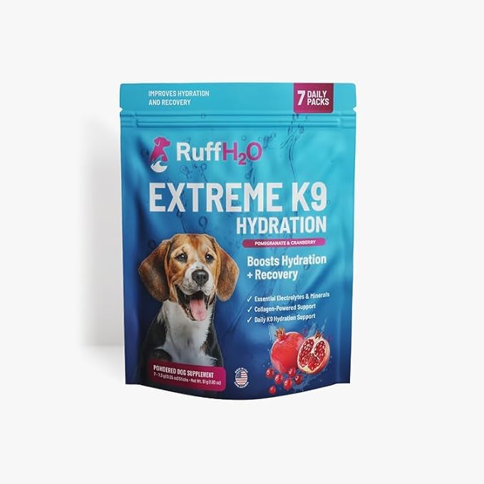 Ruff Greens RuffH2O Extreme K9 Hydration Powder for Dogs, Electrolyte Supplement with Collagen, Supports Hydration and Recovery, Made in USA, 7 Daily Packs (0.25 oz Each) (Pomagranate & Cranberry) | Electrolyte Supplement with Collagen, Supports Hydrat...