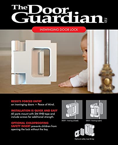 Door Lock for in-Swinging Doors, Home Security Latch Device, Childproof, Easy to Install (White) White