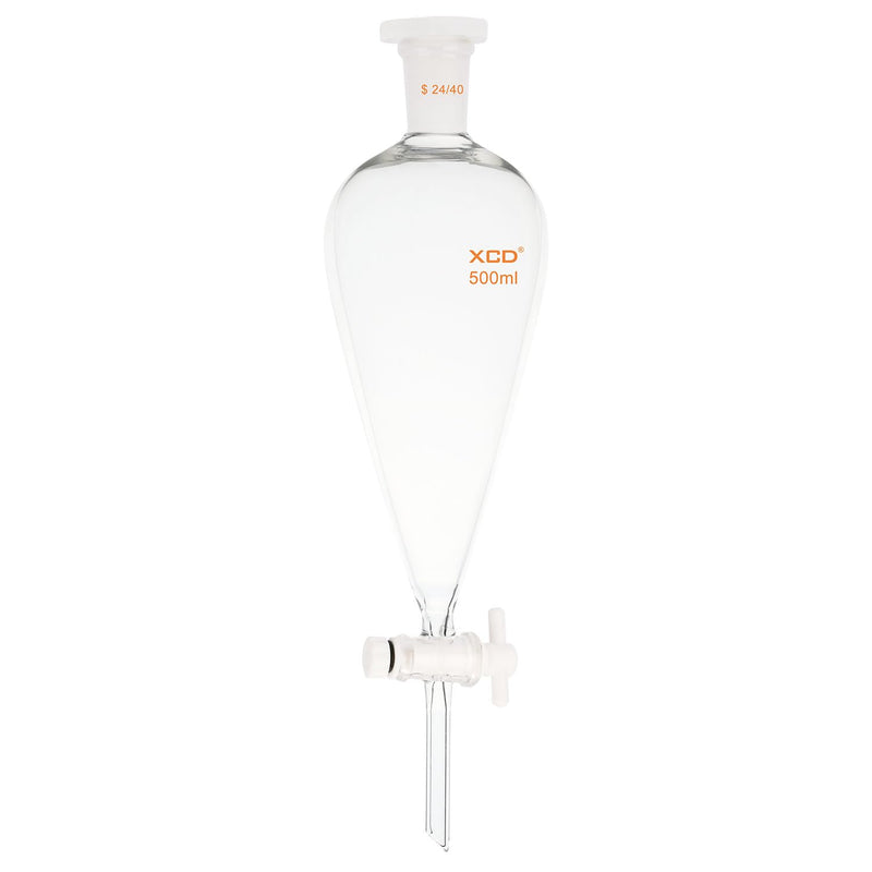 XCD Borosilicate Glass Heavy-Wall Conical Lab Separatory Funnel with 24/40 Joints and PTFE Stopcock, 500 ml 500.0 milliliters Oval 1 XCD-Sep-Funnel-24/40-1PK