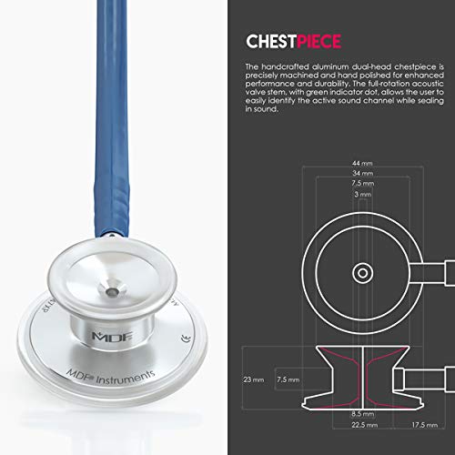 MDF Instruments, Acoustica Lightweight Stethoscope for Doctors, Nurses, Students, Home Health Use, Adult, Dual Head, Navy Blue Tube, Silver Chestpiece-Headset, MDF747XP04 Silver - Navy Blue