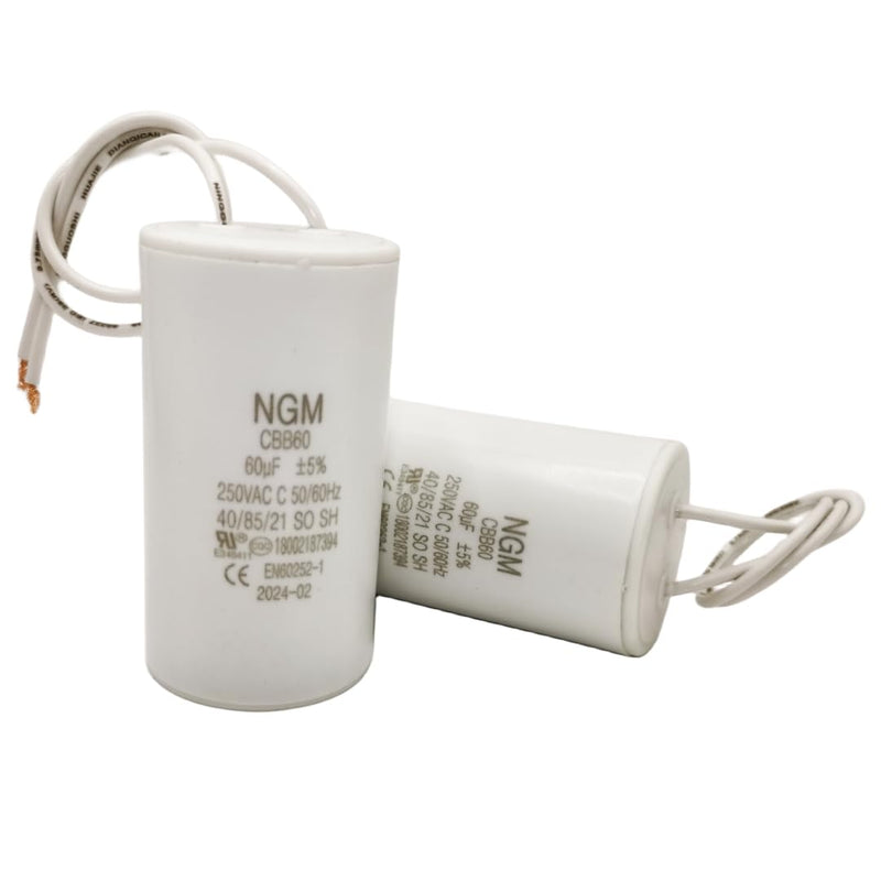 60UF MFD CBB60 Motor Run Capacitor 250VAC Volts Round Cylinder 2 Wires, Metallized Polypropylene Film Capacitor for Motor Run, Air Conditioners, Washing Machines and Water Pumps 60uF