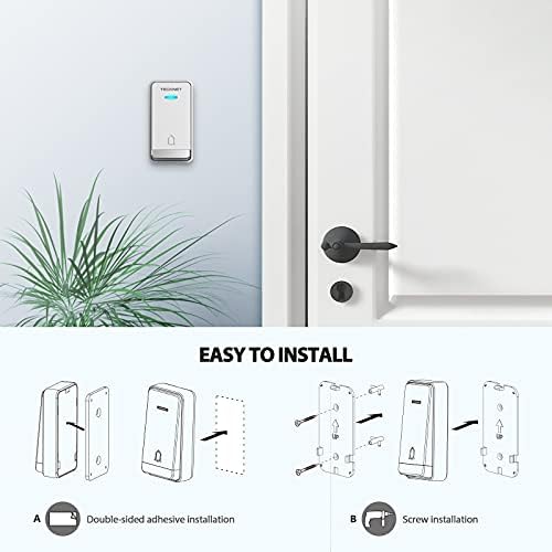 TECKNET Wireless Doorbells for Home, Waterproof Classroom Door Bell Ringer Wireless with 60 Ringtones & 5 Level Volume, 1300ft Range Self-Powered Doorbell Chimes Kit with LED for House (White) White