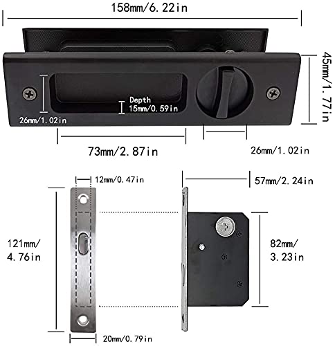 LWZH 6.3" Matte Black Privacy Pocket Door Lock Hardware, Invisible Recessed Handle Latch with Keys, Sliding Door Mortise Lock, Double Barn Door Lock Furniture Hardware 1 Pack