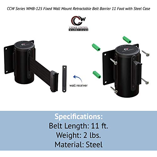 Crowd Control Warehouse - CCW Series WMB-125 Fixed Wall Mount Retractable Belt Barrier - 11 Foot, Black and Yellow Diagonal Stripes Belt with Black Steel Case Solid Color