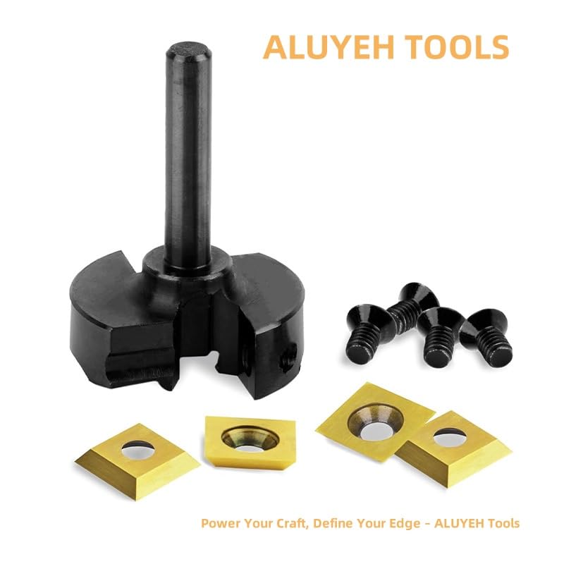 CNC Spoilboard Surfacing Router Bit（1/4" Shank, 2+2 Wing Design, 1-1/4" Cutting Diameter） TiN Coated Insert Carbide Slab Flattening Router Bit, Planing Bit Wood Planer Bit for Woodworking 1/4"shank,1-1/4"cutting diameter-Titanium Coated