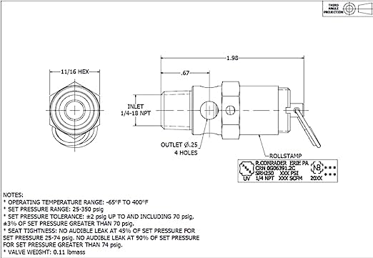 Replacement Industrial Hard Seat Safety Pressure Relief Valve for Ingersoll Rand 31385693. Brass Construction, 1/4" NPT, Made In The USA (200 PSI / 168 SCFM)