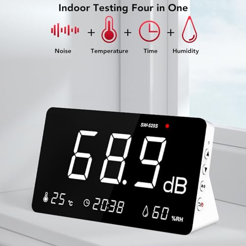Sound Level Meter, 30-130db 4 in 1 Noise Decibel Meter, Large Time Display Temperature and Humidity Meter with Alarm for Classrooms Studios Hospitals Factories