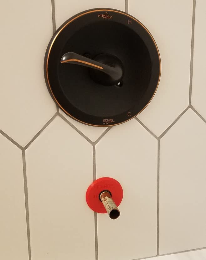 The Original Red Disc Seal. Bathtub spout rear seal. Over 6000 installed. It slips over and seals 1/2" copper pipe. Avoid 2-piece designs. 2-piece design is not sealed between the two pieces.