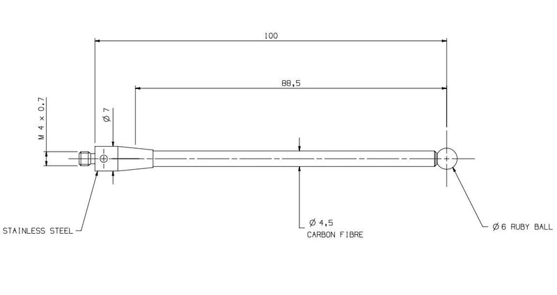 CMM Probe Touch Stylus for Renishaw A-5003-1358 or A-5003-6510 Probe Stylus M4 6mm Ball 100mm Carbon Fibre stem