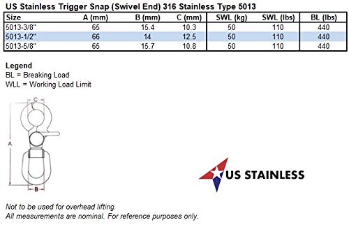US Stainless Stainless Steel 316 3/8" Trigger Snap with Swivel End Marine Grade Polished