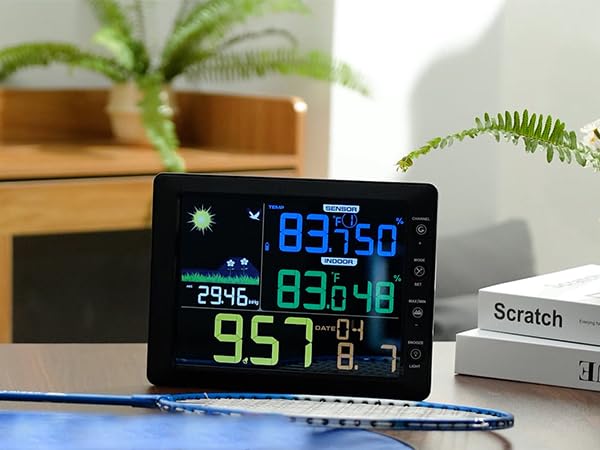 DOOMAY Weather Stations Wireless Indoor Outdoor Thermometer Monitor,Display Digital Hygrometer with Alarm,Barometric Pressure,Forecast Station with Calibration Temperature and Humidity Function