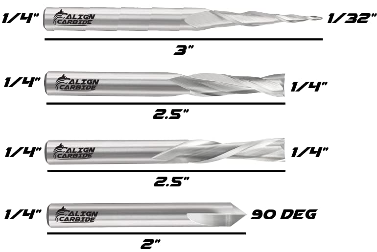 4-Piece CNC Starter Set, CNC Wood Carving Router Bits, Up Cut, Down Cut, 90° V-Groove, 1/32" Tapered Ball Nose, All 1/4 Inch Shank, Premium Solid Micro Grain Carbide.