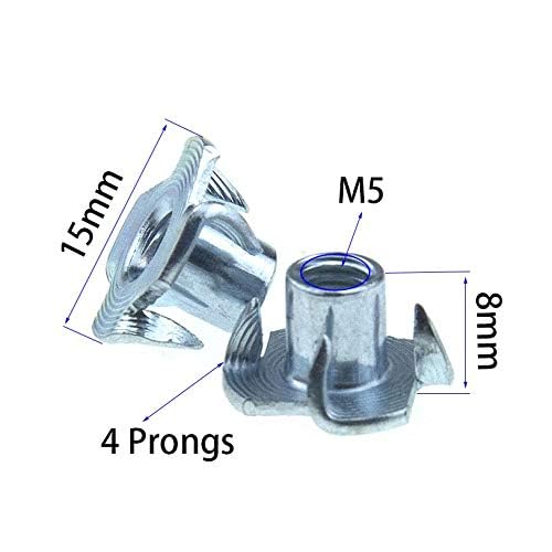M5 X 8mm T Nut 4 Prong Tee Blind Nuts Threaded Insert Clean Threads No Rust Carbon Steel Zinc Plated for Wood Rock Climbing Wall Holds Plywood Furniture Particle Board CNC Router 60 Pack M5-8(60Pack)