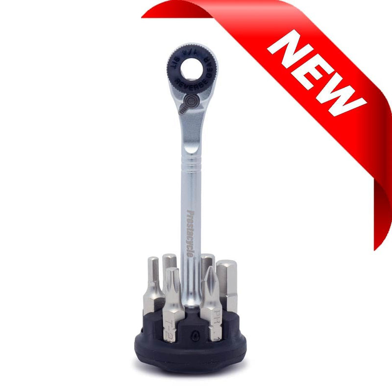 Prestacycle Prestaratchet Micro, Heavy-Duty Mini Ratchet & 1/4 Bits for Bike Repair & Maintenance, 40Nm Small Ratchet & Screwdriver with 6 Hex Bit Set, with Round Bit Holder & Tool Stand Micro w/6 Bits