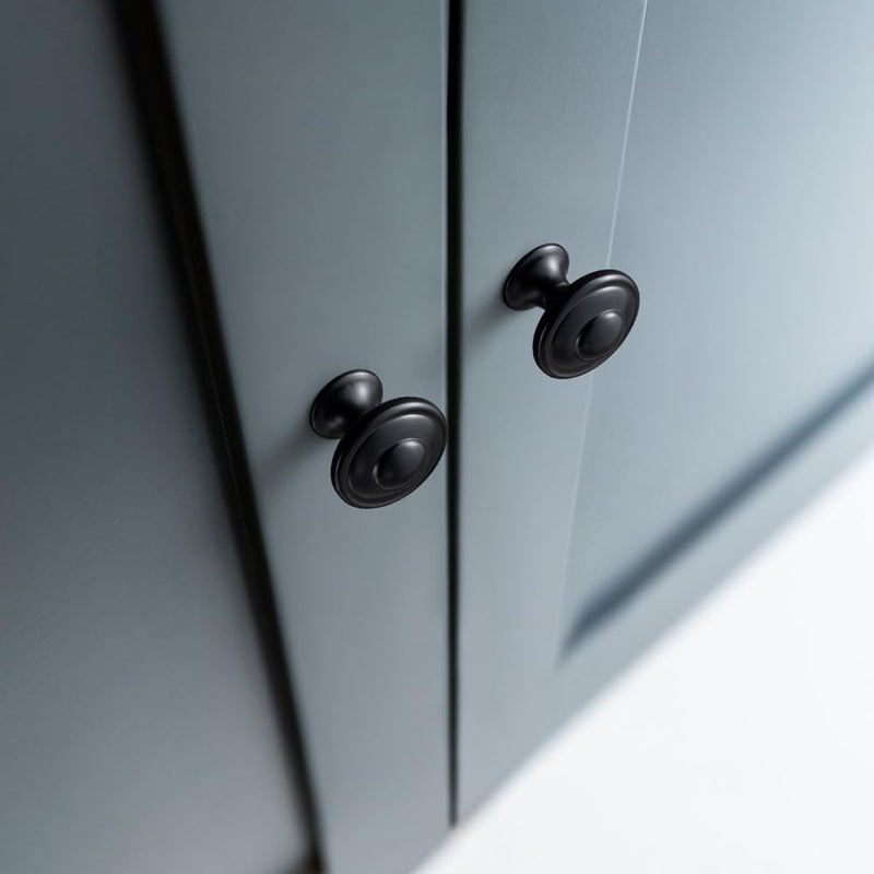 Set of 12 Matte Black Cabinet Knobs with Layered Concentric Ring Design – Modern Decorative Handles for Classic and Contemporary Style Kitchen Drawer