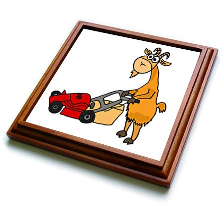 3dRose Funny Billy Goat Pushing Red Lawn Mower Trivet with Ceramic Tile, 8 x 8", Natural
