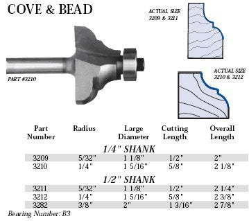 Whiteside 3211 Cove & Bead Router Bit: 5/32 Inch Radius, 1-1/8 Inch Large Diameter, 1/2 Inch Cutting Length, 1/2 Inch Shank, 2-1/4 Inch Overall Length, B3 Bearing