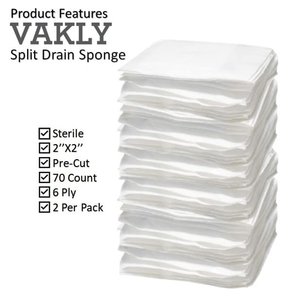 Split Drain Sponge Gauze 2x2 Sterile 6 Ply Pads [Pack of 70] Absorbent Precut 2"X2" Non-Woven Slit Bandage for I.V. Tracheostomy - 35 Packs of 2 Pre Cut Bandages + 1 Roll of Medical Tape
