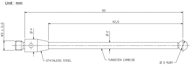 CMM Touch Probe Stylus M3 Thread Shank 3mm Diameter Ruby Ball Tip 50mm Length A-5003-0059