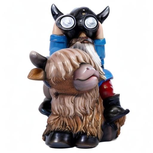 Garden Gnome Statues Resin Gnome Sitting on Highland Cow Solar Lights Outdoor Telescope Gnome Gifts for Yard, Patio Decor Gift(Cow Gnome) Cow Gnome