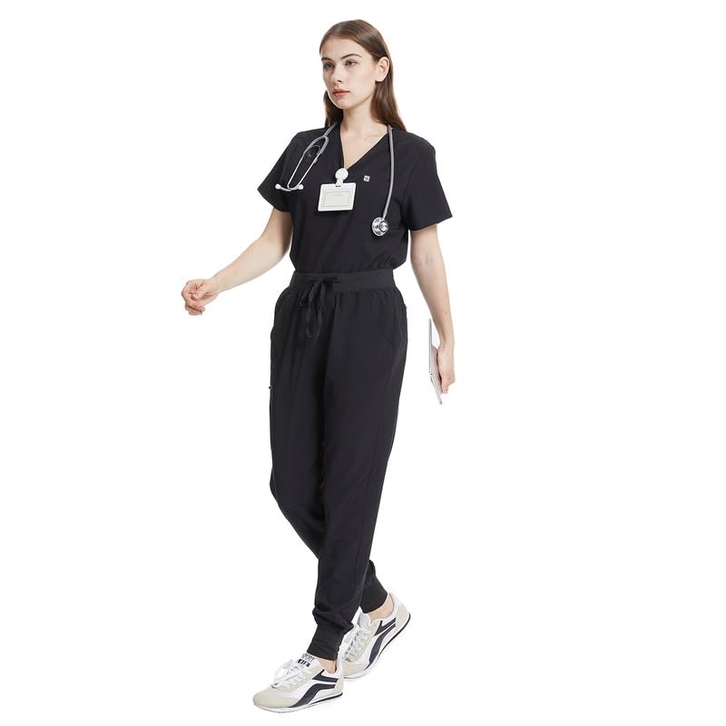 Uniforms World Scrubs for Women Set - Stretch Scrub Top & Pants with 8 Pockets, Yoga Waistband, Anti Wrinkle, Slim Fit Black Medium