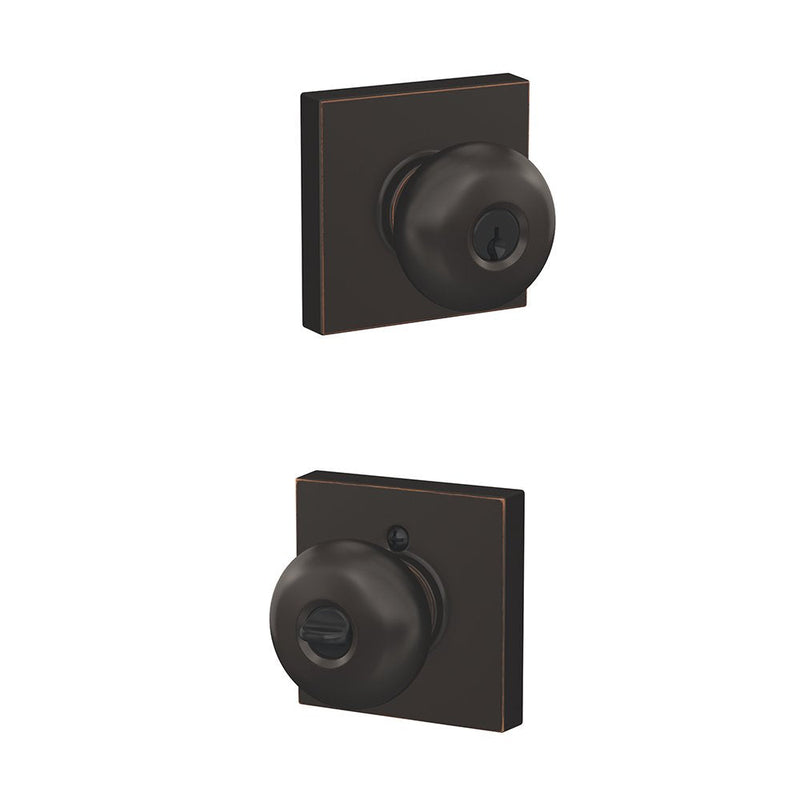 SCHLAGE F51A PLY 716 COL Plymouth Knob with Collins Trim Keyed Entry Lock, Aged Bronze