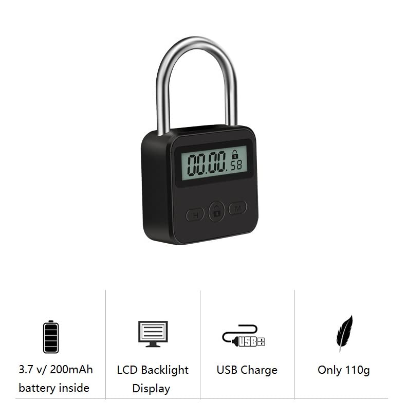 Metal Timer Lock - Electronic Time Padlock 99 Hours Max Timing with Electronic LCD Timed Display - USB Rechargeable (Black) Black